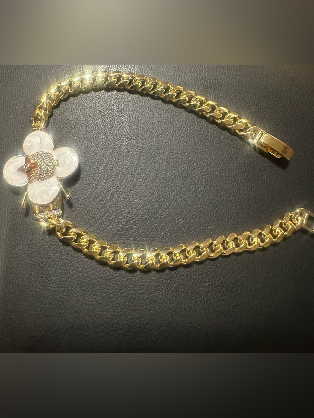 LSJ Gold-filled Flower White Pave Cuban Chain Bracelet 7.5in